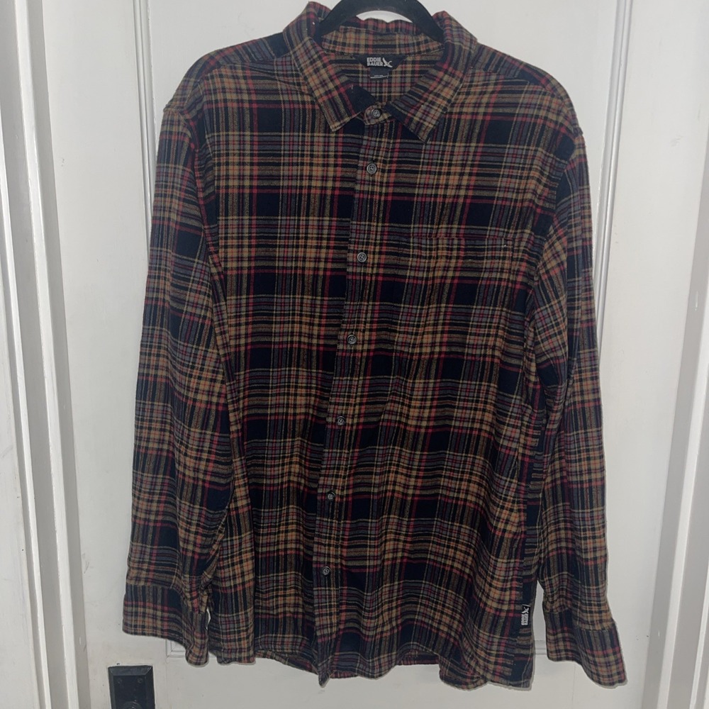 Eddie Bauer Long Sleeve Button Down XL Flannel Brown Black Bristol Shirt